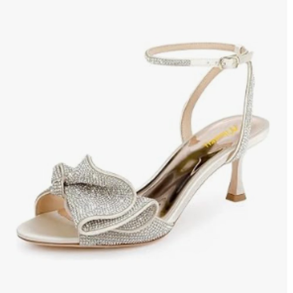 Milooey Gold Glitter Rhinestone Bow Sandal Crystal Ankle Strap Mid Heels Shoe